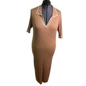 Madison + Hudson Knit Polo Maxi Dress Tan White 3X